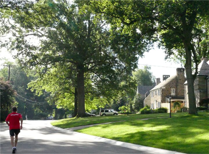 A person runs on the side of a tree lined street in a neighborhood.