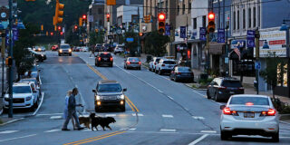 Two people and two dogs crossing a busy four-lane road in Uptown Mt. Lebanon