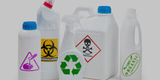Assortment of containers with hazardous labels