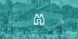 A pair of binoculars outlined on top of an image of a swimming pool and slide, with a blue/green tint over top