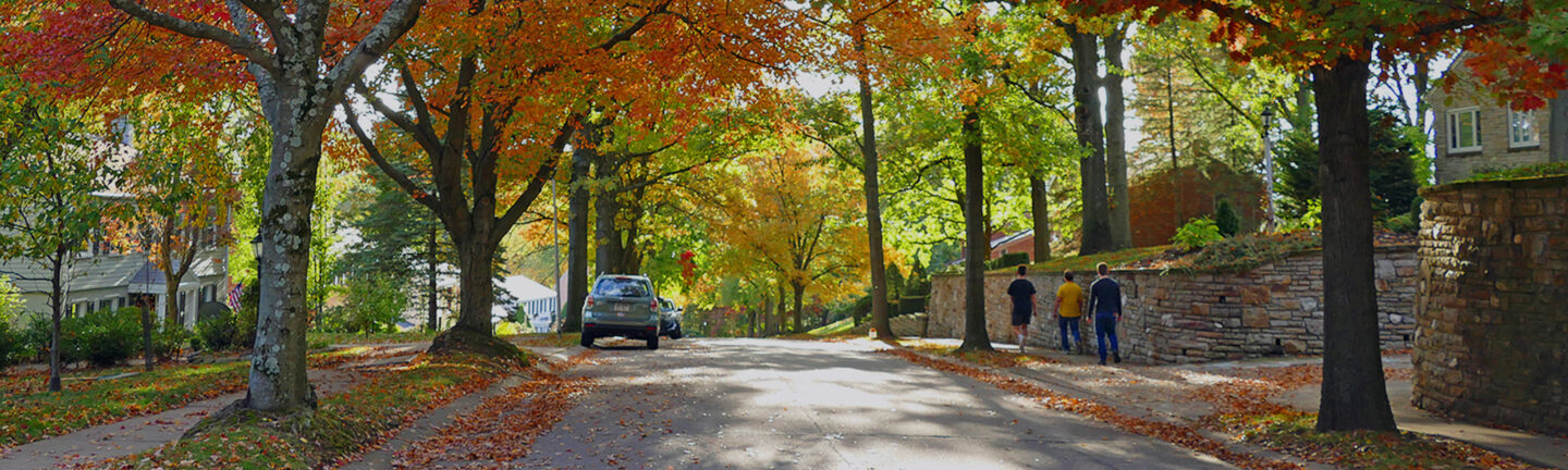 Mt. Lebanon street during fall with trees with orange red and yellow leaves, leaves on the ground, three people walking on the sidewalk