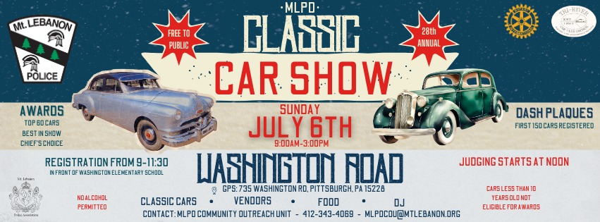 Classic car show poster, July 6, 2025,9 to 3, Washington Road