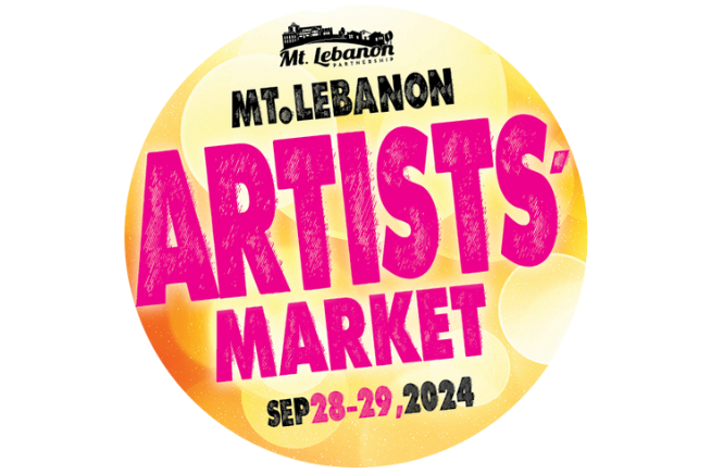 Mt. Lebanon Artists' Market logo, September 28-29 2024. Orange and yellow circle with pink and black text.