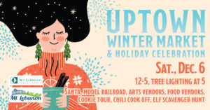 uptown winter market promotion flyer with a graphic of a person with long hair and sweater holding a mug