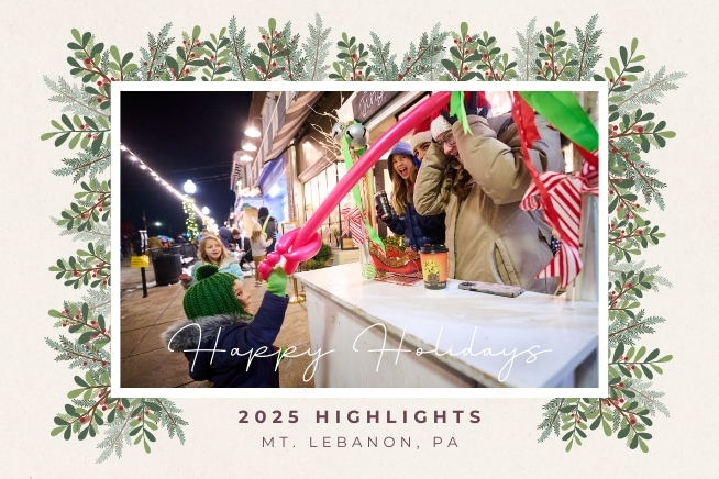 kid holding balloon animal at an outdoor holiday event with text that reads happy holidays 2025 highlights Mt. Lebanon, PA