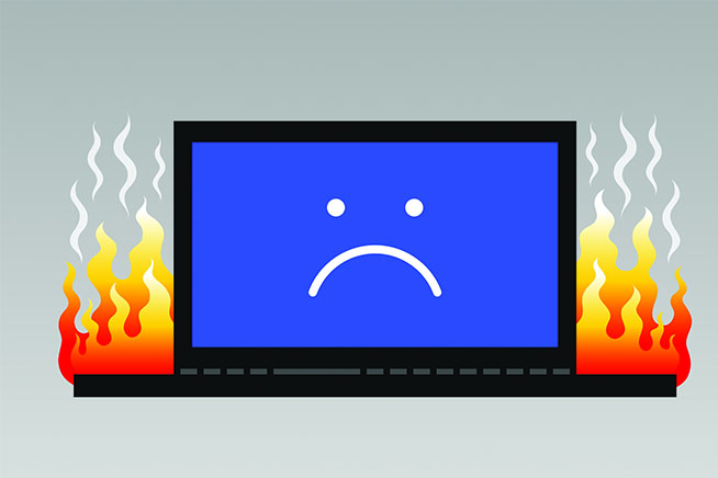 A cartoon image of a laptop computer on fire