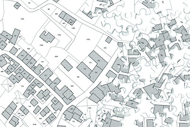A black and white zoning map showing property blocks in a neighborhood